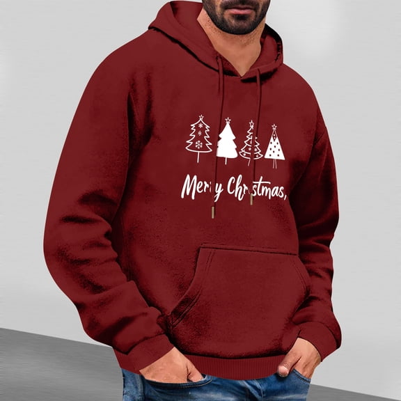 EchfiProm Hoodies for Men with Pockets Graphic Pullover Outdoor Red Hooded Merry Christmas Mens Sweatshirt Xmas L