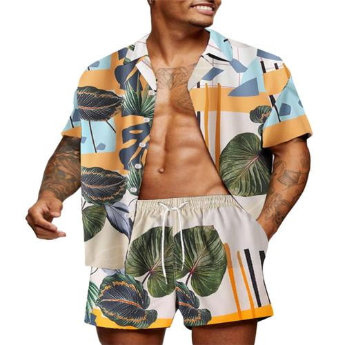 DZQUY Men's Summer 2 Piece Short Outfits Short Sleeve Casual Flower Aloha Tropical Hawaiian Shirt and Sports Shorts Set 