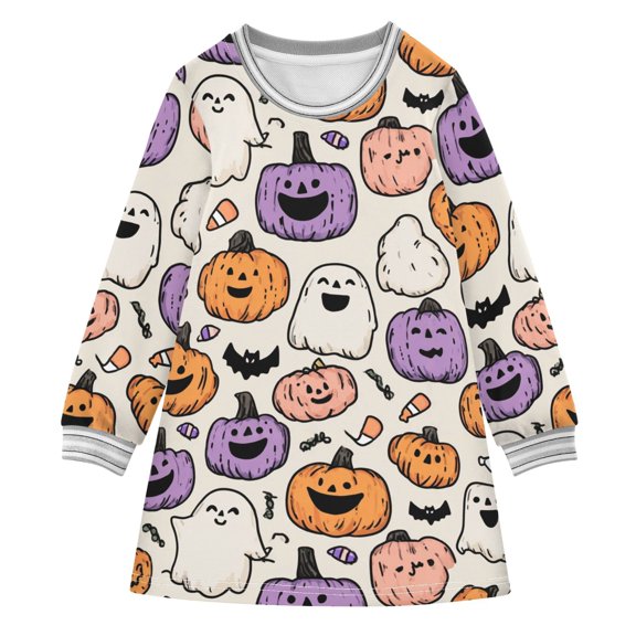 Girls' long-sleeved dress Cute Halloween Pumpkins Girls' A-line dress with ribbed cuffs Soft and comfortable