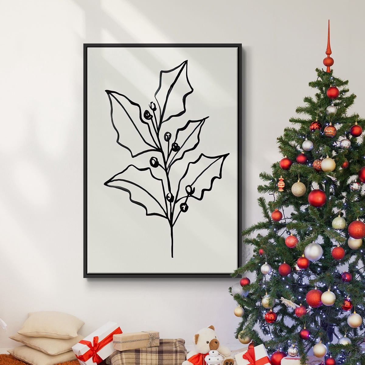 Evergreen Ink I - Framed Gallery Wrapped Holiday Canvas - 27 x 41 - Black Frame
