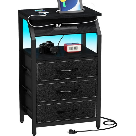 End Table with 3 Drawers, Nightstand with Charging Station and LED Lights, Small Fabric Dresser for Bedside, Storage Side Table for Living Room Dorm, Black