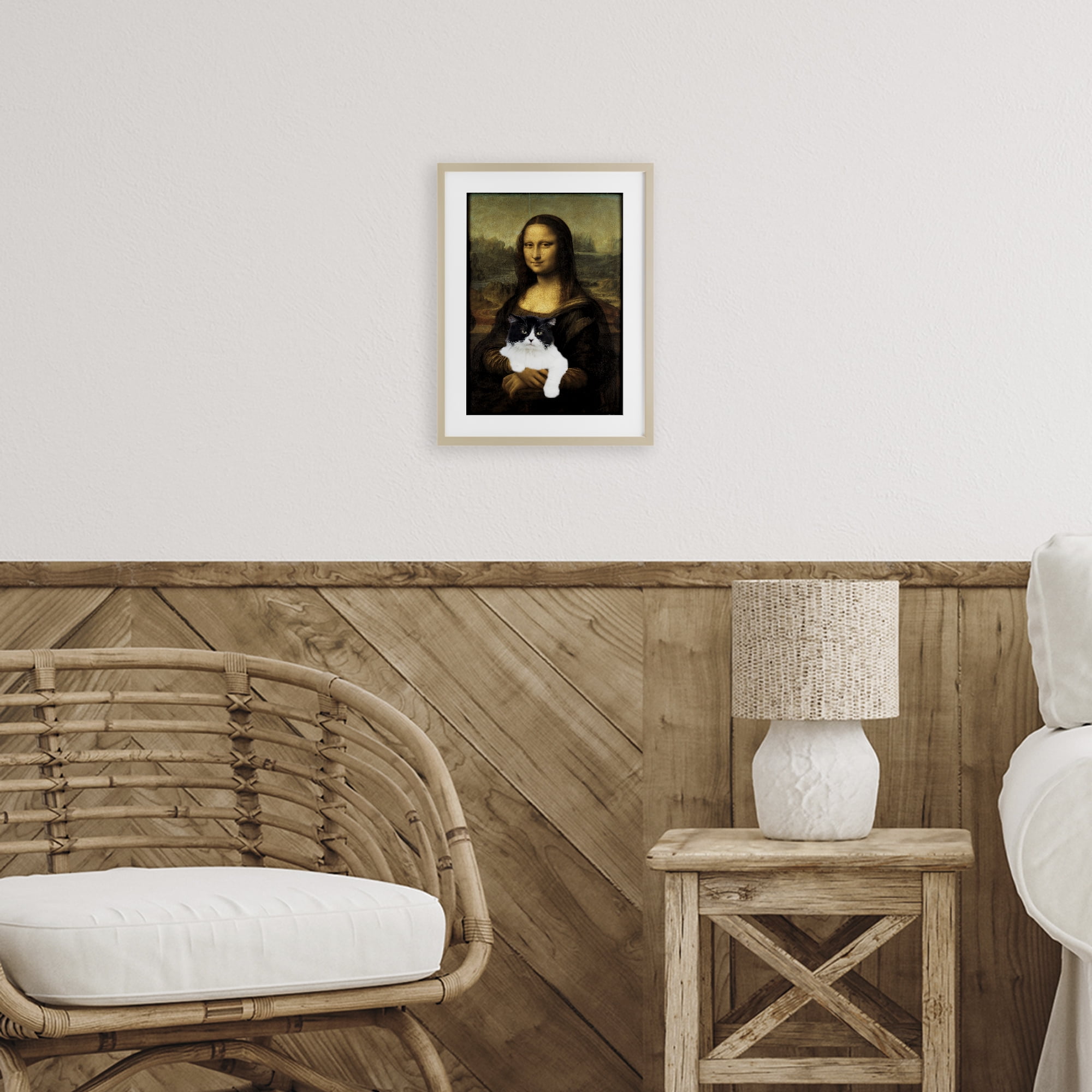 Mona Lisa Cat Lady Birch Framed Print Under Glass, design by Masters Redux