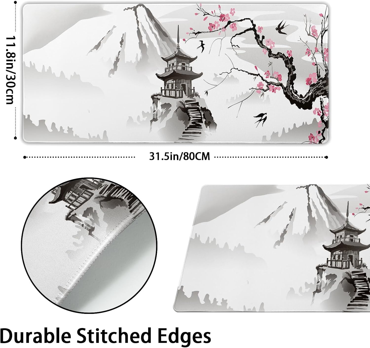 Japanese Cherry Blossom Gaming Mouse Pad XL Large Extended Sakura Desk Pad Non-Slip Rubber Base 31.5”×11.8” with Stitched Edges Waterproof Pads Computer Gaming Mousepads for Work Game Office Home