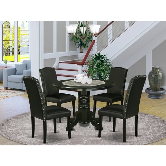 Round Dining Set 5 Piece - Modern Kitchen Table & Chairs - PU Leather Parsons Design - Black Finish