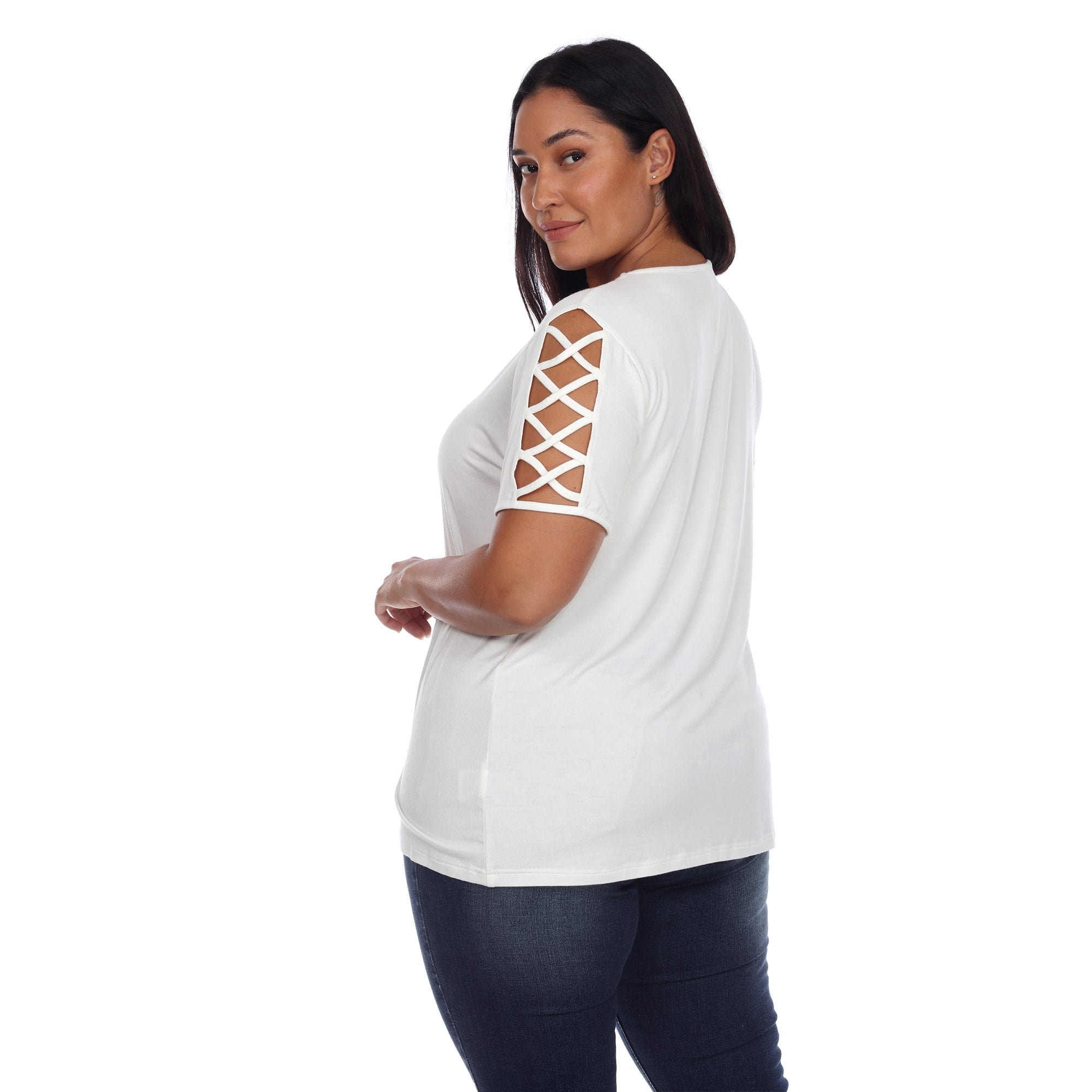 White Mark Women's Plus Size Keyhole Neck Short Crisscross Sleeve Shirt Top