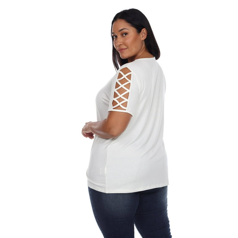 White Mark Women's Plus Size Keyhole Neck Short Crisscross Sleeve