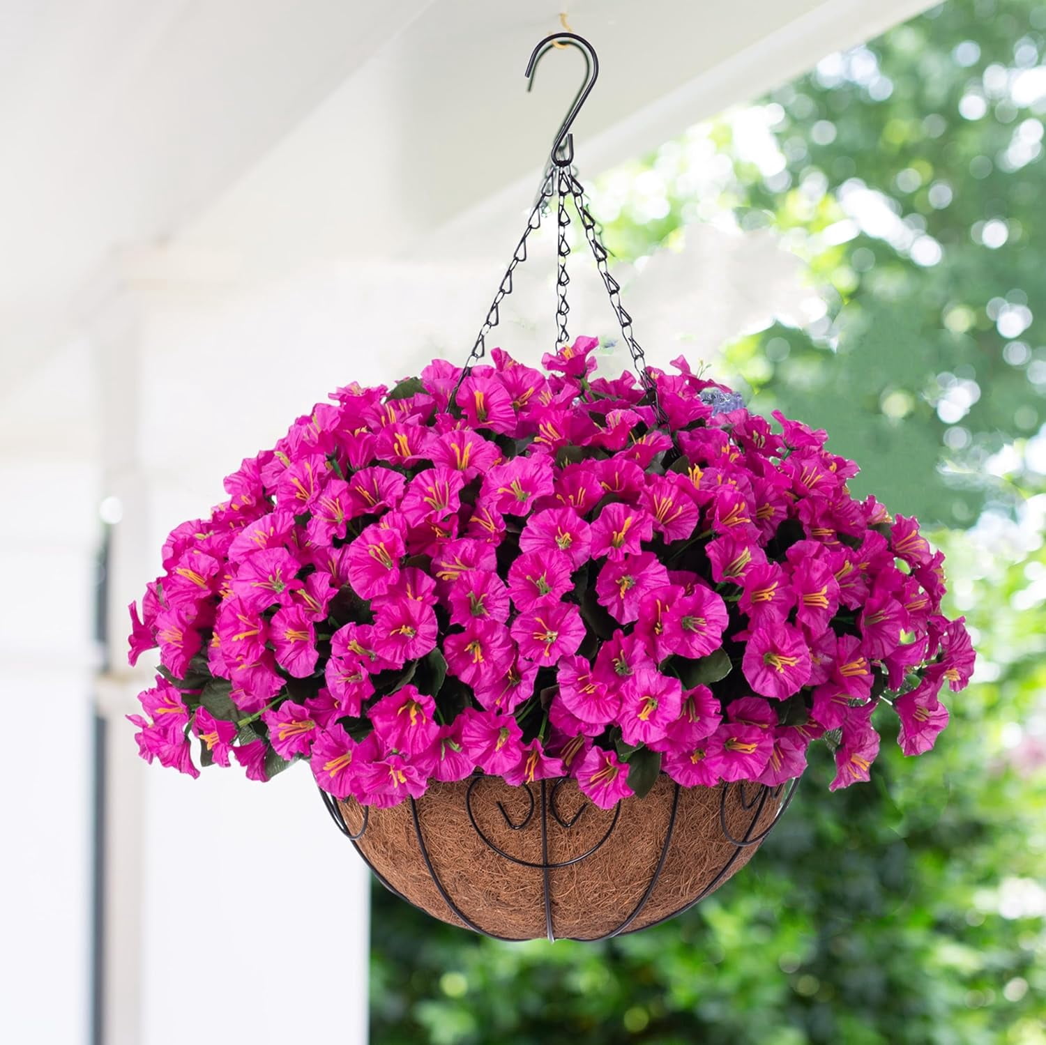 Artificial Fake Hanging Flowers Plants Baskets for Outdoor Outside Summer Decoration, Faux Silk Fuchsia Morning Glory in Planter UV Resistant Realistic for Home Porch Patio Balcony Garden Yard