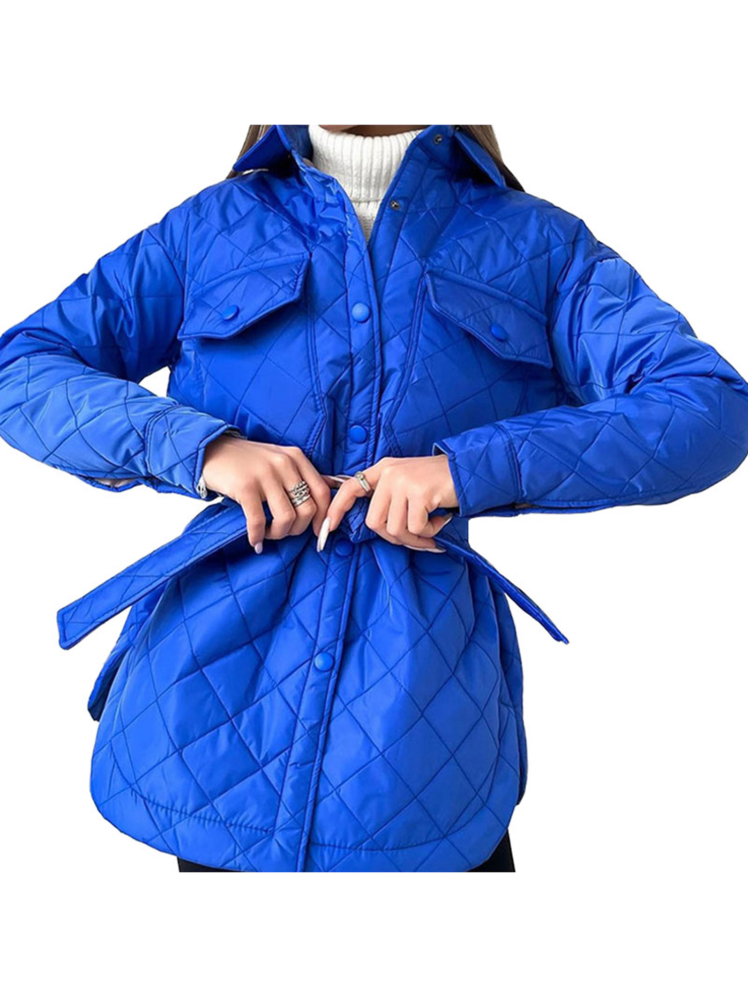 Women Quilted Jacket with Belt Casual Solid Color Single Breasted Long