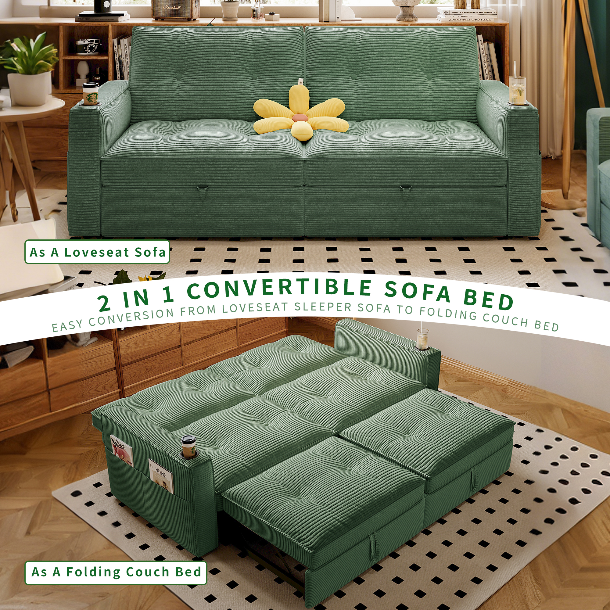 73.2'' Sleeper Sofa Bed Full, Corduroy Pull Out Couch, Modern L Shaped Convertible Sofa, Futon Couches, Comfy Loveseat, Adjustable Backrest & Side Pockets, for Small Space, Living Room, Green