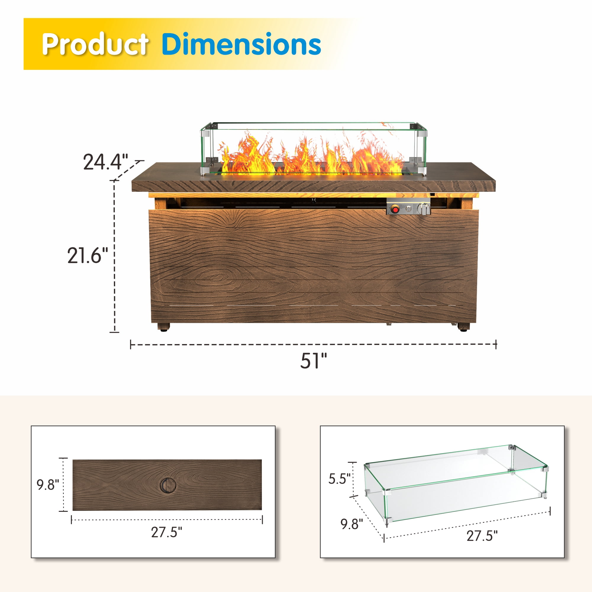 51 in. Propane Rectangular Fire Pit Table with LED Light, 50,000 BTU Coating Steel Tabletop Fire Pit (Brown Wood Grain)