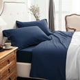 thumbnail image 3 of PURE ERA 100% Cotton Jersey Knit 4pc Extra Deep Pocket Queen Sheet Set Super Soft Fits Mattress Up to 20" (Solid Navy Blue ), 3 of 6