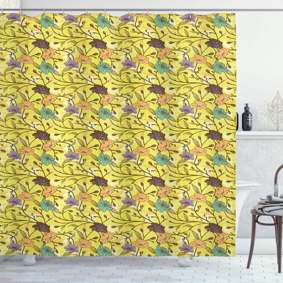 Botanical Shower Curtain, Blooming Flowers on Swirling Branches Lively Spring Trees Rural Woodland Theme, Fabric Bathroom Set with Hooks, 69W X 84L Inches Extra Long, Multicolor, by Ambesonne