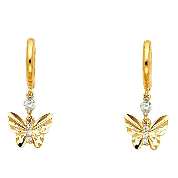 CZ Butterfly Dangle Earrings Solid 14k Yellow Gold Huggies Round CZ Fashion Diamond Cut Fancy 25 x 10 mm