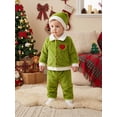 thumbnail image 4 of RUINIXCW Toddler Baby Girl Boy Christmas Outfit Infant Kids Christmas Elf Cosplay Costume Long Sleeve Green Plush Lapel Velvet Button Down Jacket Coat and Pants Set Hat, 4 of 10