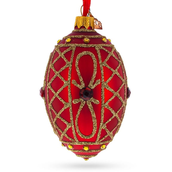 Red Jewel on Red Glass Egg Ornament 4 Inches