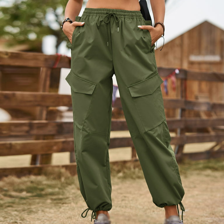 Hvyesh Women's Cargo Pants Baggy Summer Hiking Parachute Pants High Waisted  Drawstring Ankle Cuffs Trouser Hiking Workout Pant Army Green L 