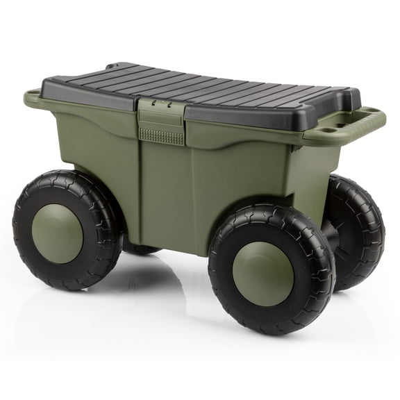Pure Garden Rolling Garden Cart with Seat - Storage with Tool Tray (Green)