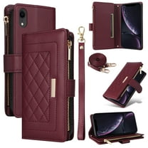 for iPhone XR Zipper Pocket Wallet Magnetic Closure Cover Crossbody   Wrist Strap [ 7 Cards Slot] Flip Kickstand RFID Blocking Shoulder Strap PU Leather Purse Shockproof Case,Winered