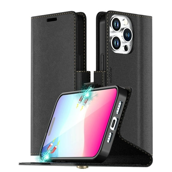 AICase Compatible With iPhone 15 Pro 6.1 inch Case Leather Wallet Flip Shockproof Heavy Duty Folio Cover