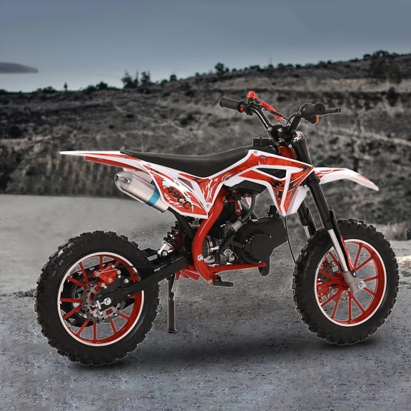 Fompes Mini Dirt Bike 49CC Gas Powered Motocross, 25MPH Off Road Motorcycle with Shock Absorption Springs, Front Rear Disc Brakes, Weight Support Up to 330 LBS(Red)