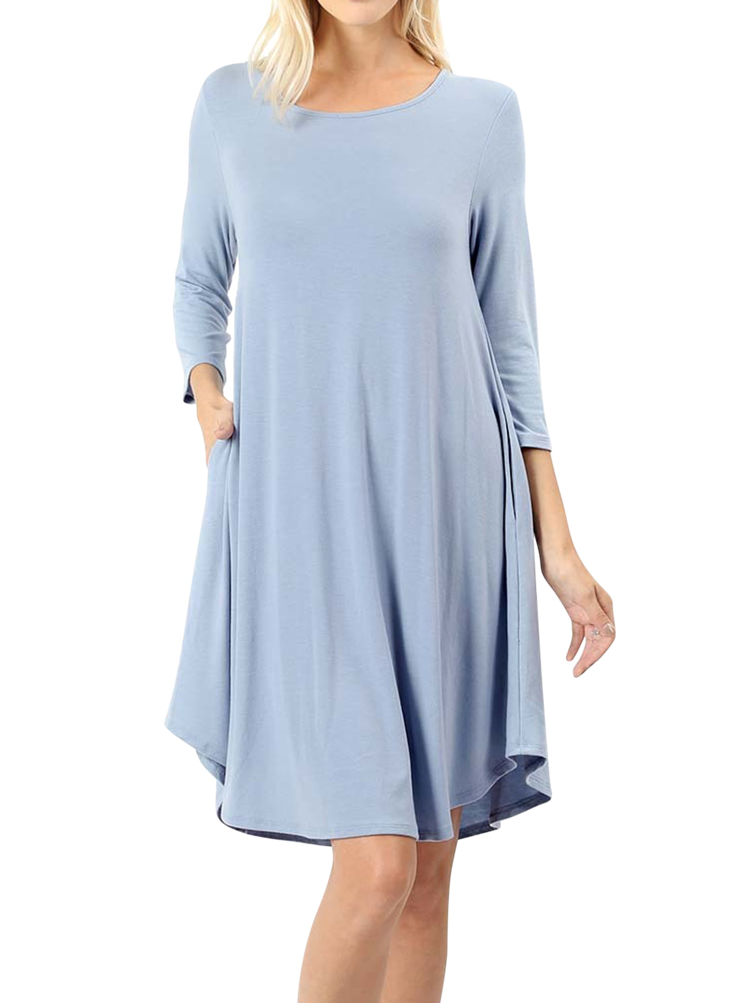 Women & Plus 3/4 Sleeve Round Hem Knee Length A-Line Tunic Dress with Side Pockets (Ash Blue, XL)