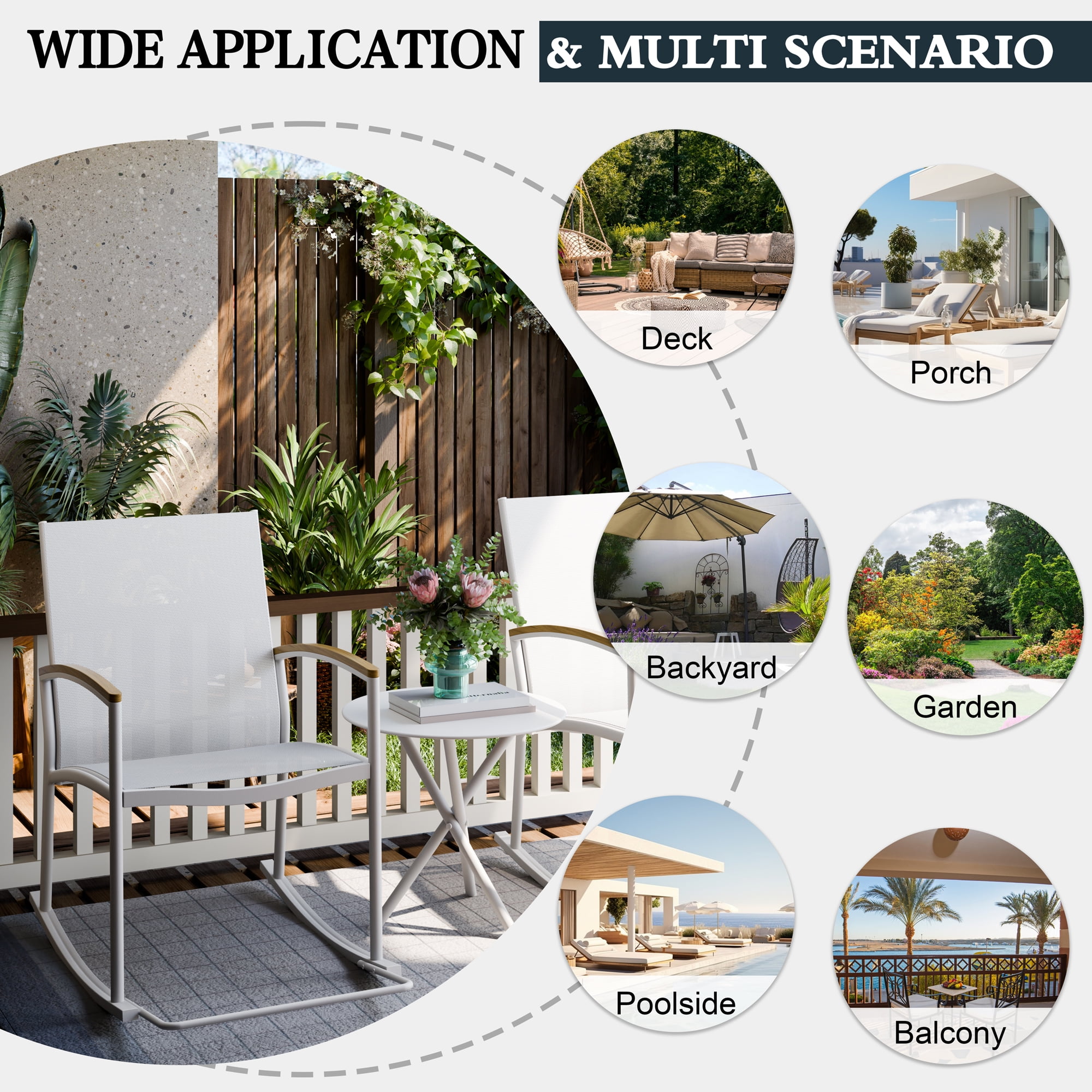 Walsunny 3 Pieces Patio Set Outdoor Patio Furniture Sets Modern Rocking Bistro Set Textilene Chair Conversation Sets White