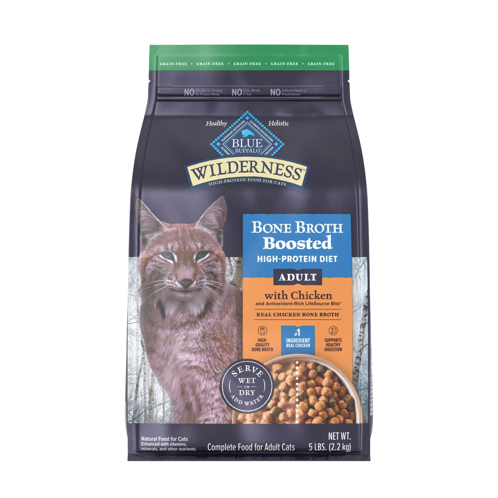 Blue Buffalo Wilderness Chicken Bone Broth Boosted High-Protein Diet, Grain-Free Dry Food for Adult Cats, 5 lbs.