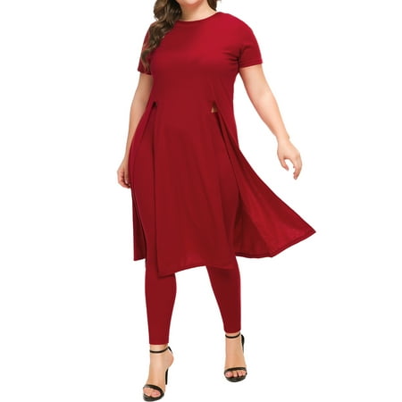 Dress Jumpsuit - Plus Size Women Split Hem T Shirt + Long Pants Trousers Short Sleeve Dress 2 Pcs Sets Jumpsuit Party Playsuit