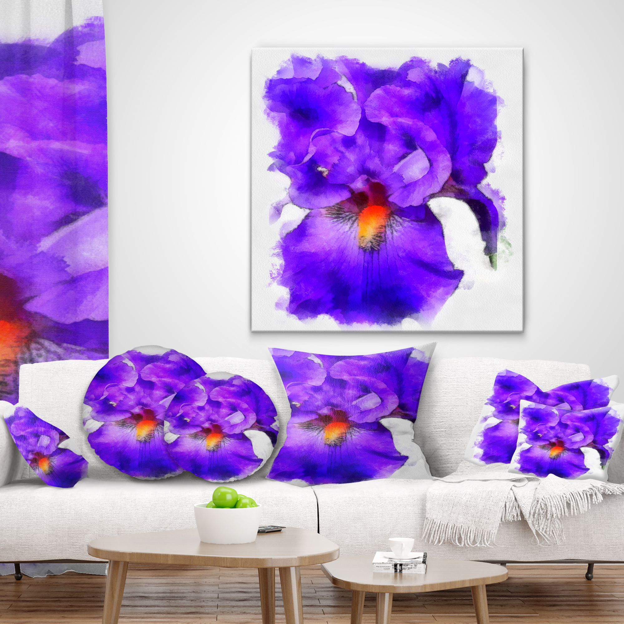 Designart Blue Iris Flower Sketch Watercolor - Floral Throw Pillow - 18x18