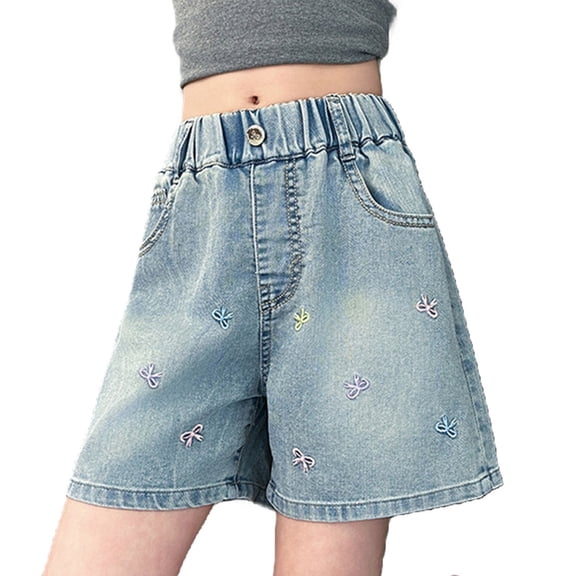 Toddler Jean Shorts for Kids Girls Elastic Waist Bow Embroidered Jean Shorts Girls Baggy Pants Summer Clothes Girls 3-4 Years Shorts