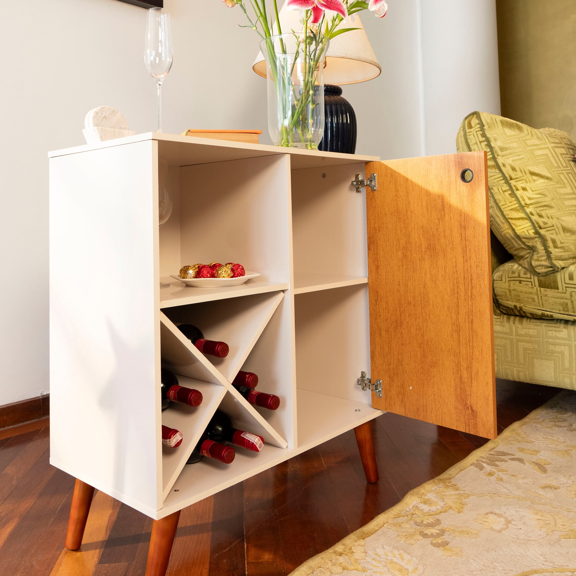 Boahaus Modern Bar Cabinet with 6-Bottle X-Shaped Wine Rack, Open Shelf and Storage Cabinet with Doors, Two-Tone Finish
