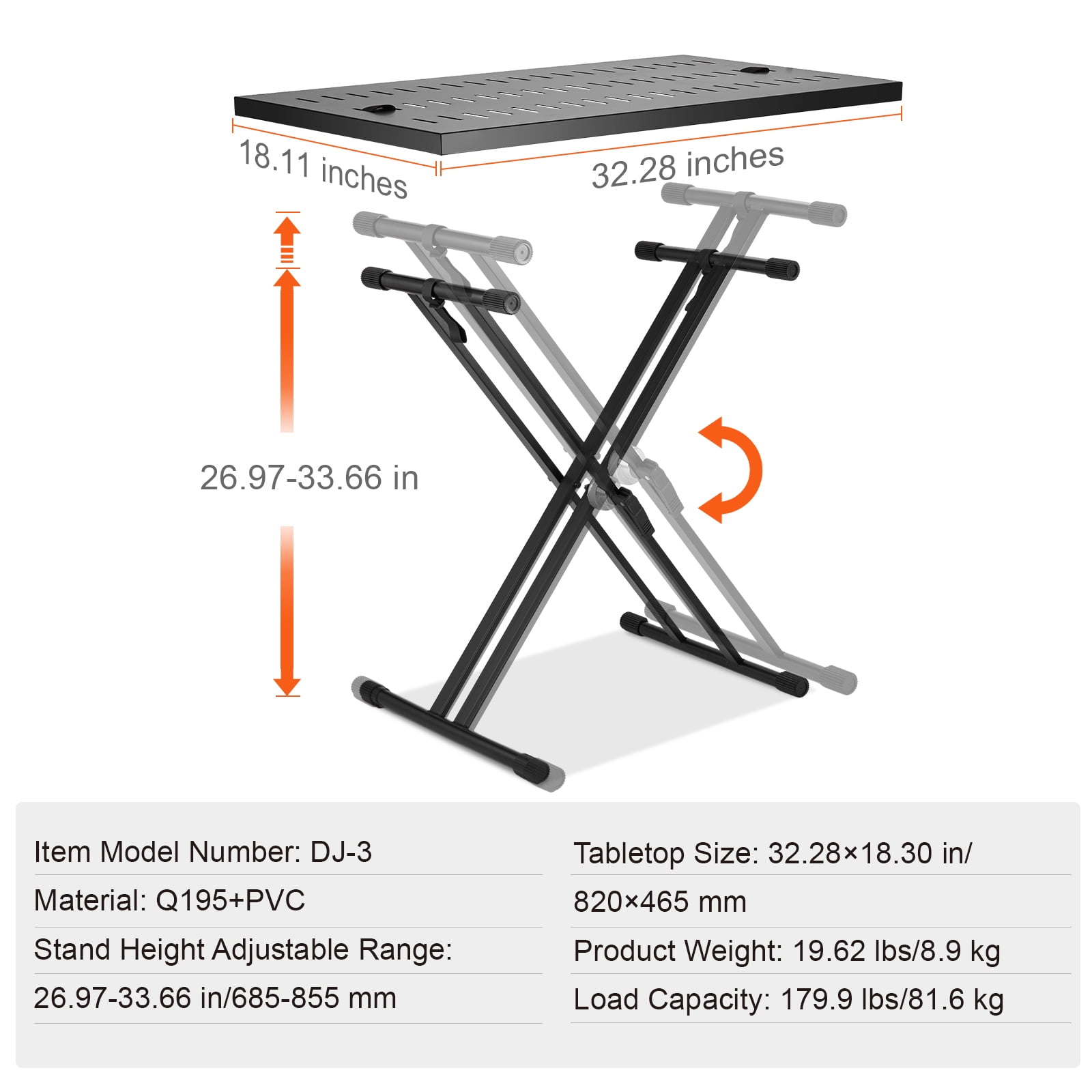 KFFKFF DJ Booth, 32" x 20" Compact DJ and Laptop Stand, Portable and Adjustable Height Music Station, Foldable Double-X Keyboard Support & Surface, Ideal for Audio Mixing