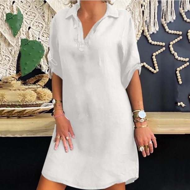 Puntoco Vestido Camisero De Manga Corta De Rayón De Estilo Nórdico Vestido De Cuello Redondo De Manga Corta Blanco Xxxxxl,Regalos Para Mujer Joven
