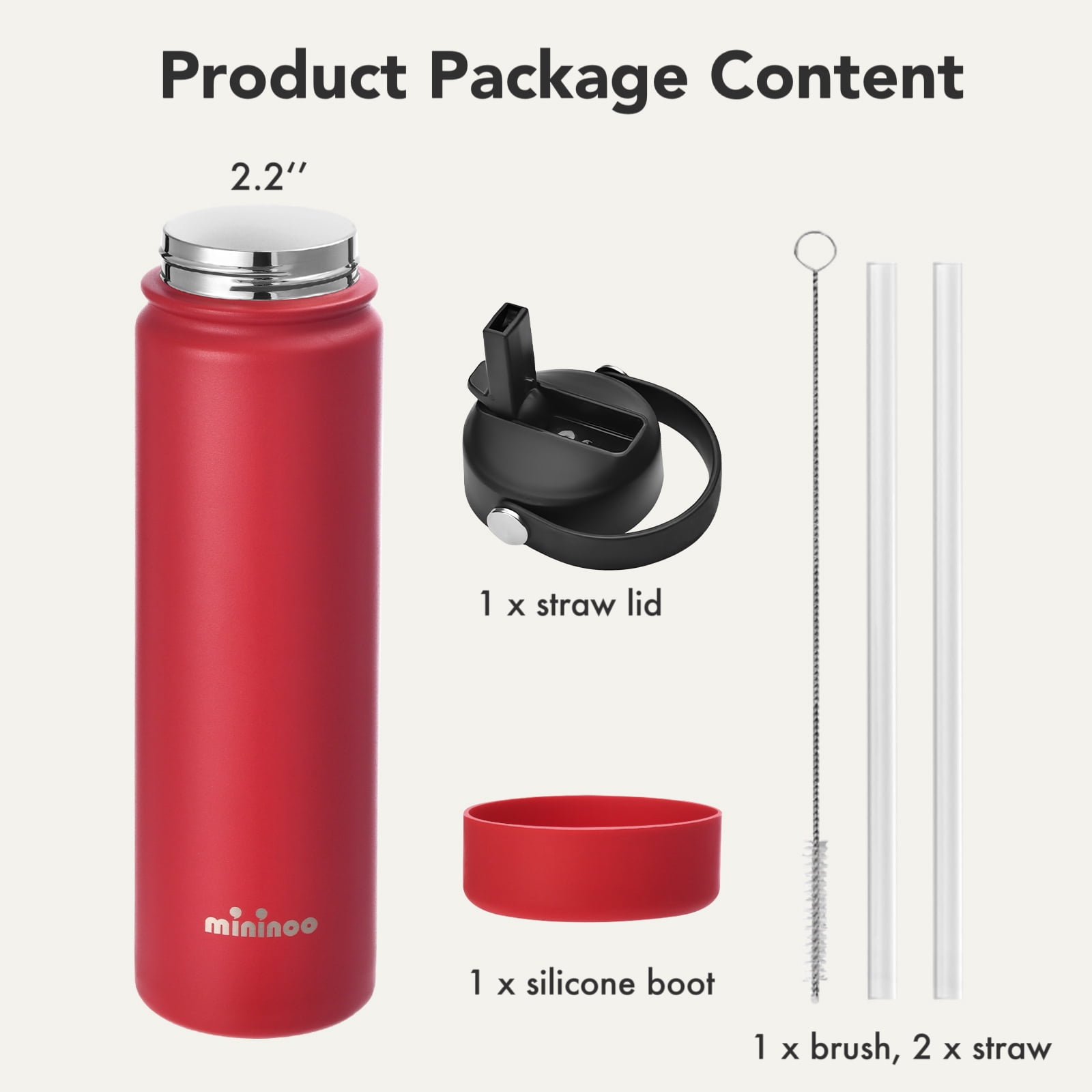 Mininoo 24 oz Insulated Stainless Steel Water Bottle with Straw Lid, Ceramic-Lined, BPA-Free, Red