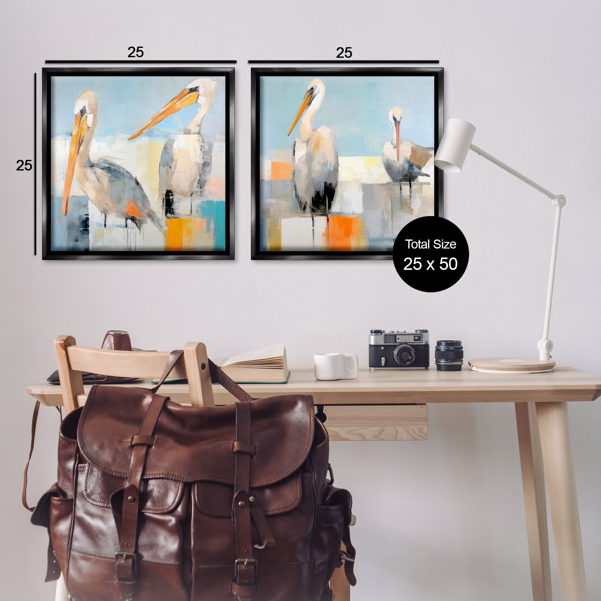 Stupell Industries Abstract Color Block Pelican Pair Animals Painting Black Floater Framed Canvas Art Print Wall Art, 25 x 25, Set of 2