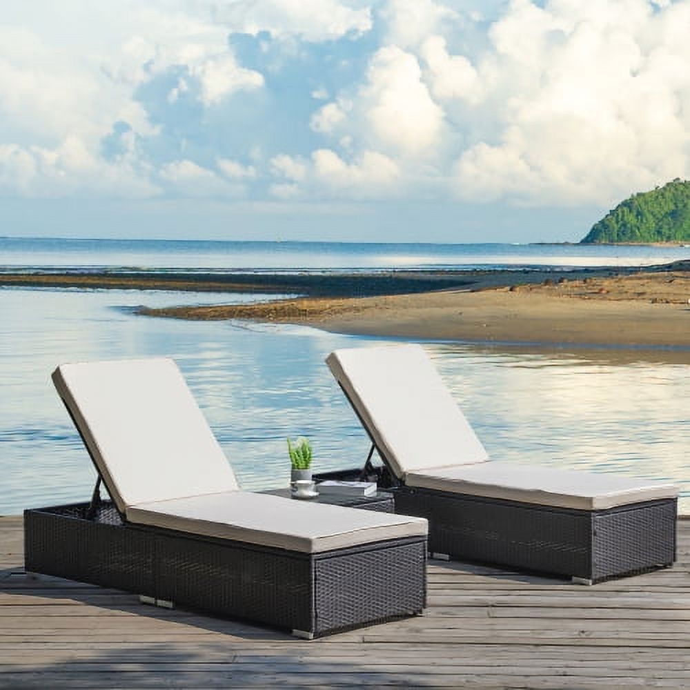 3 Piece Outdoor Garden Wicker Patio Chaise Lounge Set Adjustable PE Rattan Reclining Chairs with Cushions and Side Table - image 3 of 6