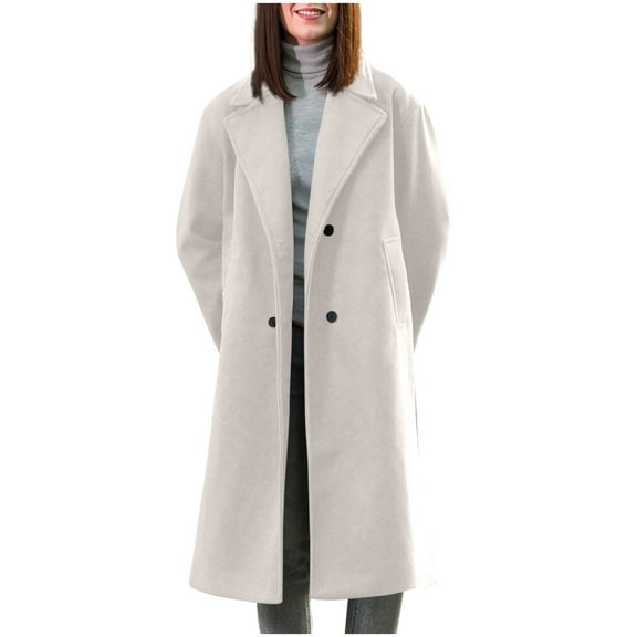 jtjvou Womens Long Pea Coat Notch Lapel Double Breasted Trench Coat Fall Winter Overcoat Long Jacket Beige S