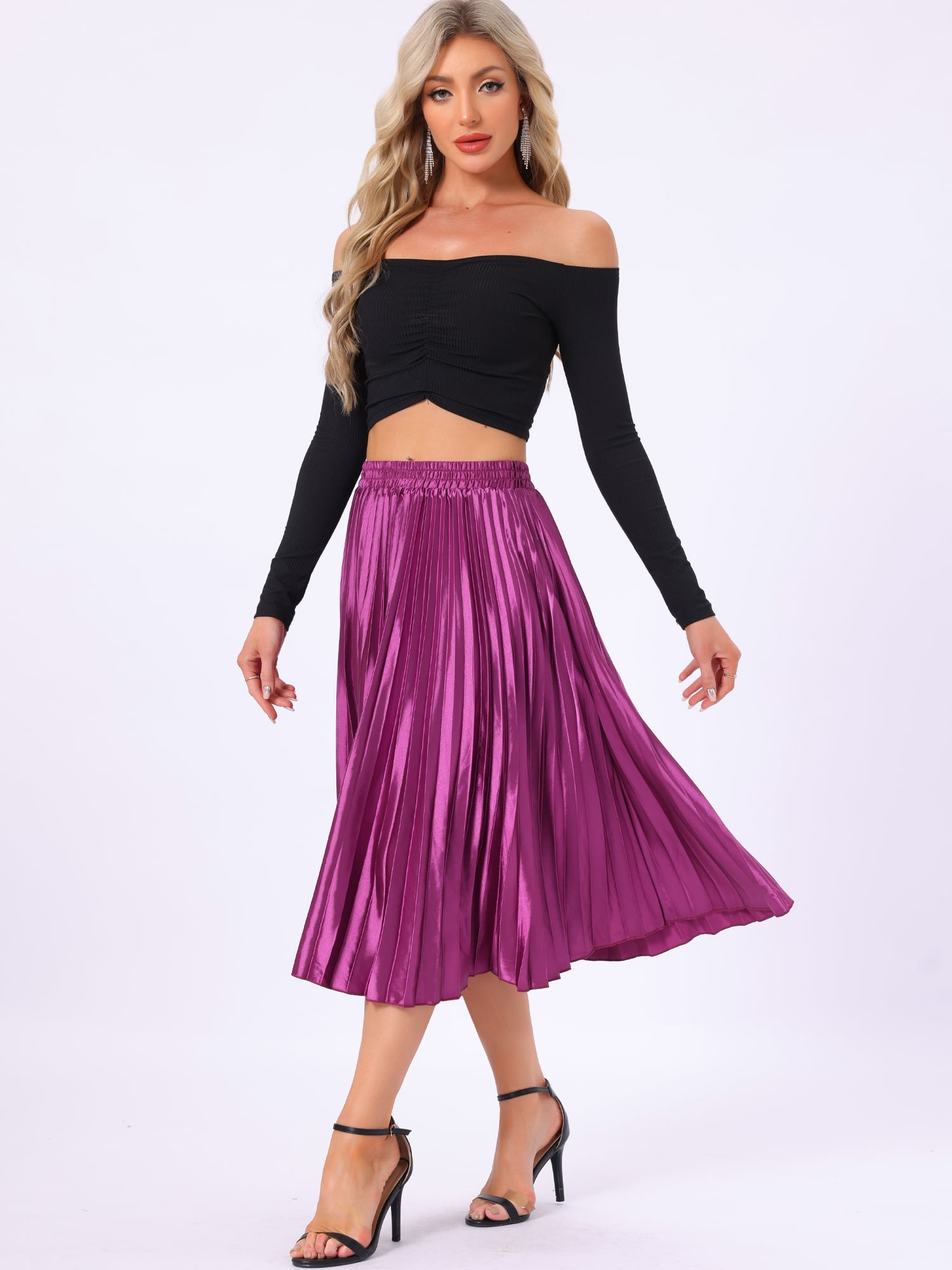 DARING DIVA Women's Midi Length Elastic High Waisted Pleated Skirt M Mauve