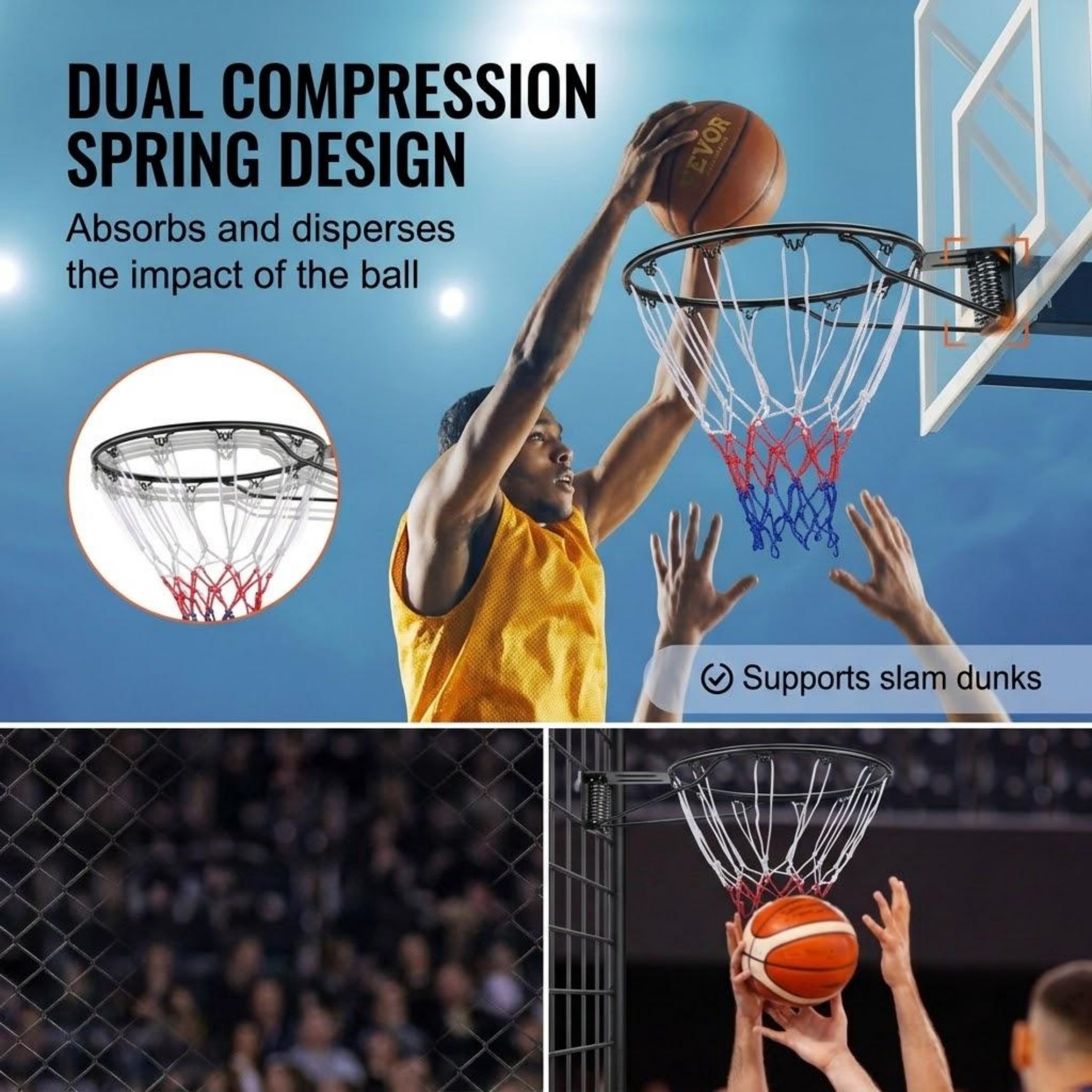 Heavy Duty Q235 Steel Basketball Rim, 18" Flex Goal with Double Spring, Wall & Door Mountable, Includes Net for Kids & Adults