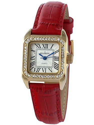 Womens 14K Gold Plated Square Tank Petite Small Red Leather Band Luxury Dress Watch 3052RD