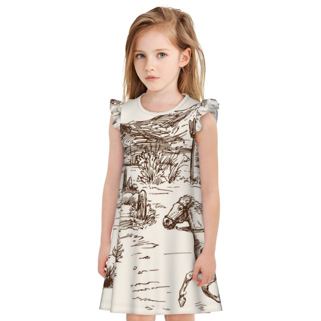 Fotbe Western Desert Cowboys3 Vestido de Dormir para Niñas de 3 a 10 Años, Mangas Cortas, Estilo Princesa, Pijama Camisón con Mangas Voladas-XX-Large