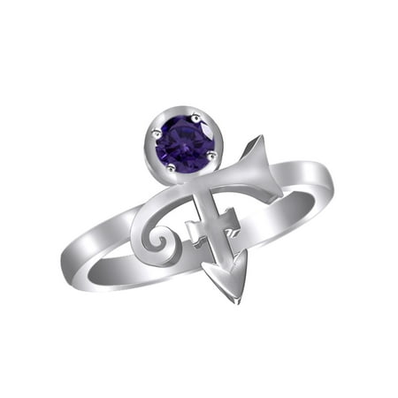- Simulated Alexandrite CZ Minimalist Peace Prince Singer Artist Symbol Ring In 14k White Gold Over Sterling Silver