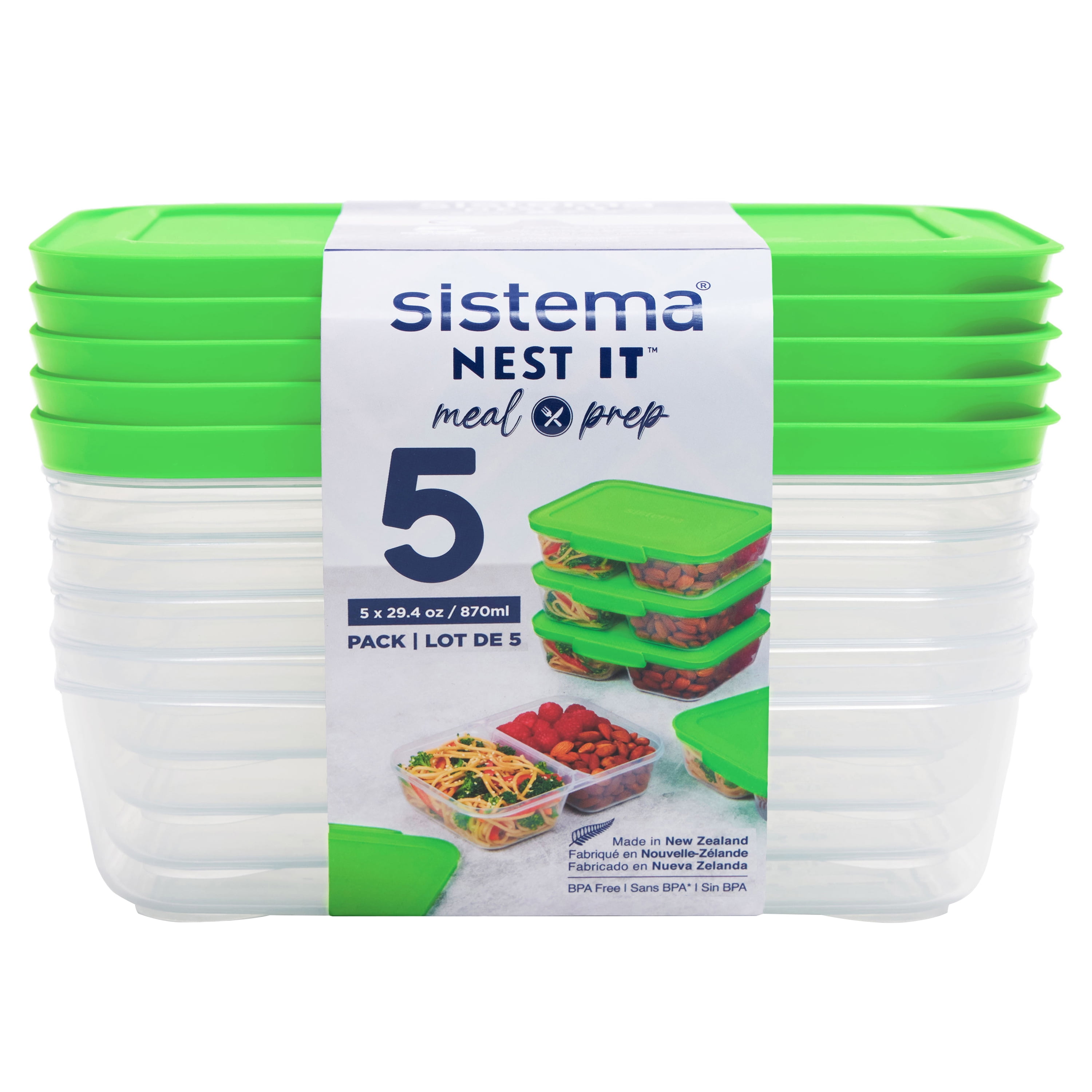 Sistema Nest It Meal Prep Containers, 870 mL, Green (Colour May Vary), 5 Pack, BPA-Free
