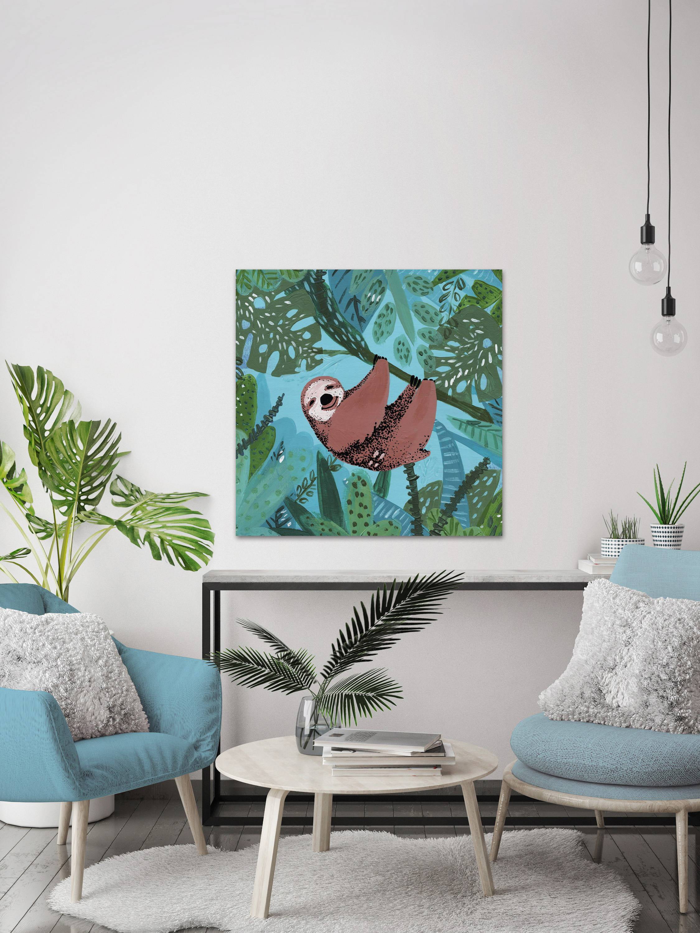 Hanging Happy Sloth Painting Print on Wrapped Canvas