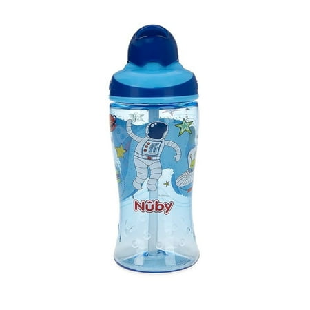 Nuby Thirsty Kids No-Spill Flip-it Printed Boost Cup with Thin Soft Straw - 12oz, 18+ Months, 3 Pack space, tigers, dinosaurs