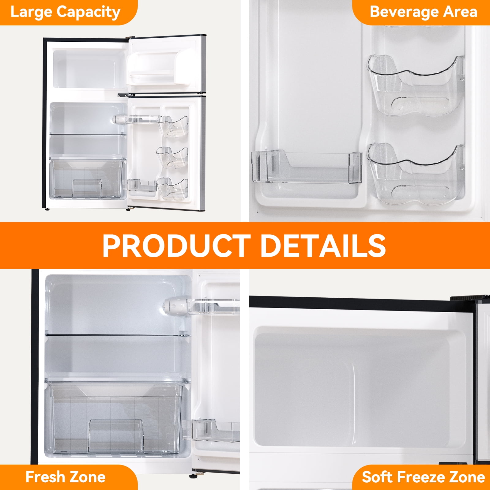 Frestec 3.2 Cu Ft Double Door Mini Fridge with Freezer, Compact Refrigerator for Bedroom, Dorm, Apartment, Stainless Steel Look