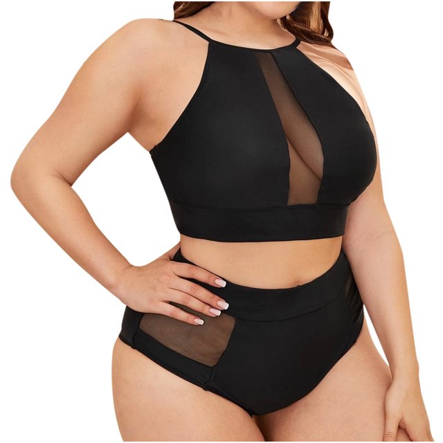 Mujeres sexy con almohadilla en el pecho con aros de malla de cintura alta traje de baño dividido Bikini Fridja nalpqowj59904