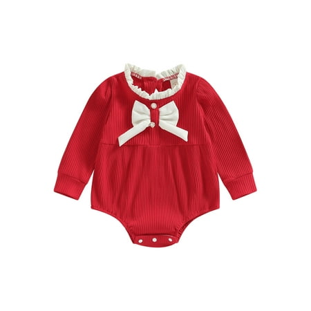

Genuiskids Newborn Baby Girls Jumpsuits Ruffle Contrast Color Ribbed Long Sleeves Bow Romper Infant Toddler Bodysuit Clothes