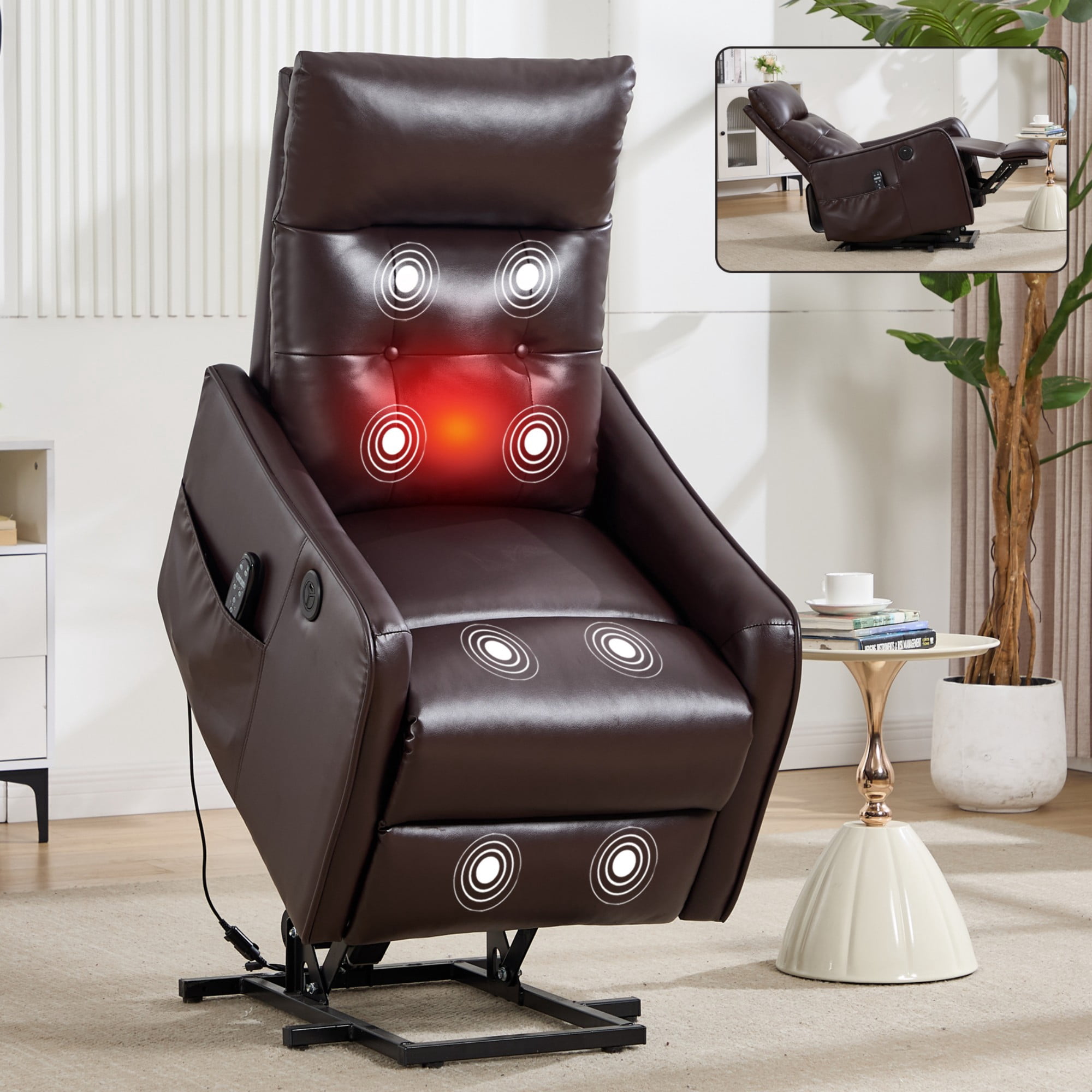 BSHTI Faux Leather Power Lift Recliner Chair with Vibration Massage, Lumbar Heat, USB Charging for Living Room(Brown)