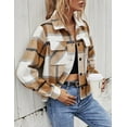 thumbnail image 3 of Lentta Women's Fashion Cropped Flannel Wool Blend Plaid Shacket Long Sleeve Button Down Jackets Coat (Brown-S), 3 of 5